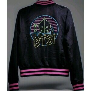 Neon BT21 Bomber Jacket BTS K-Pop Satin Black Pink City Lining Unisex M Concert